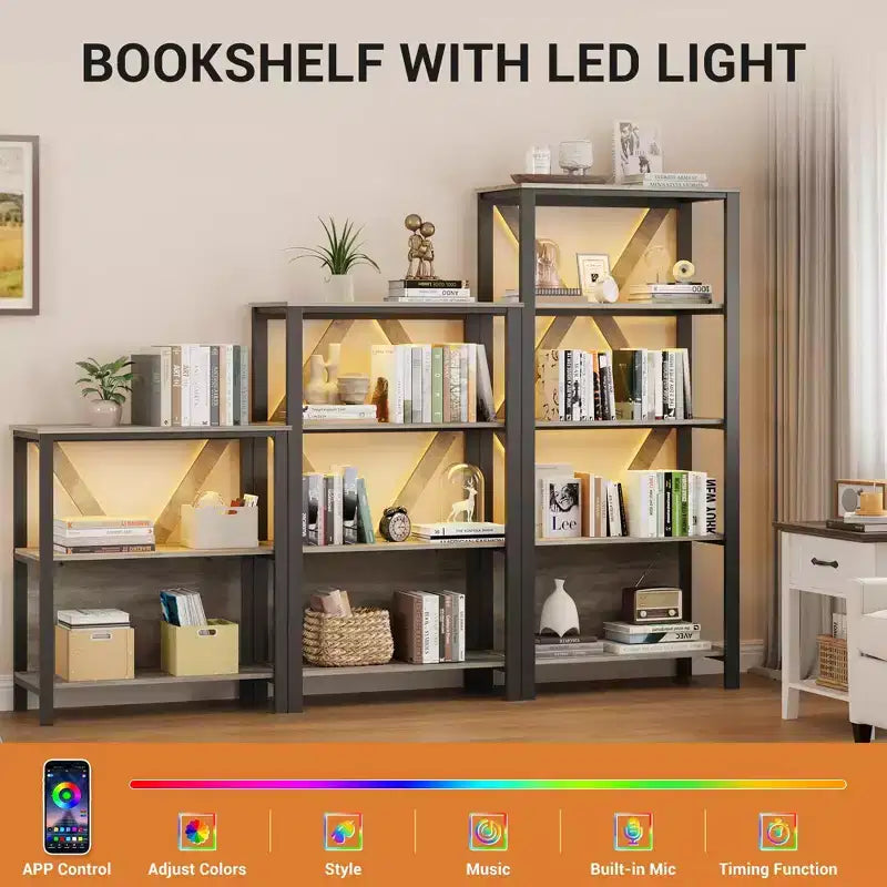 3/4/5 Tier Book Shelf with LED Lights, Industrial Metal Display Book Case, Heavy Duty Open Book Shelf Storage Organizer, for Bedroom Office