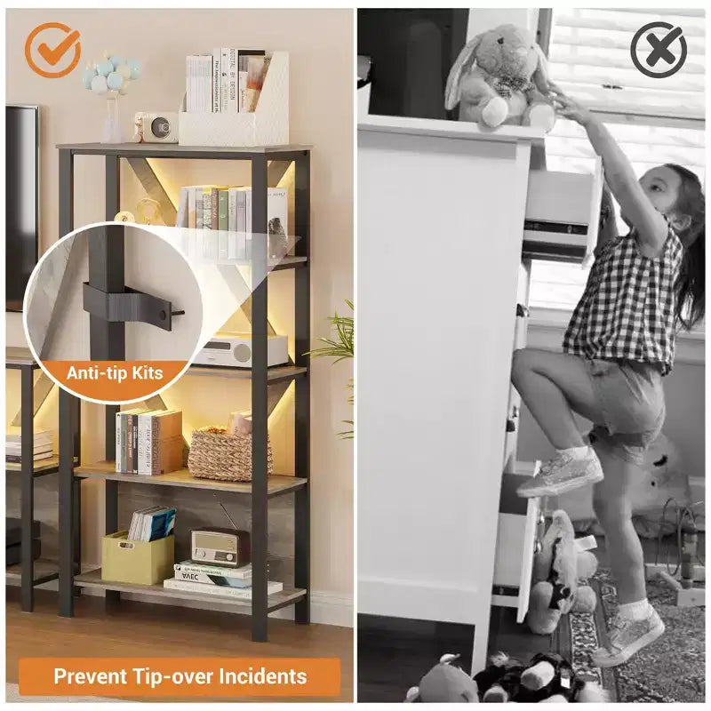 3/4/5 Tier Book Shelf with LED Lights, Industrial Metal Display Book Case, Heavy Duty Open Book Shelf Storage Organizer, for Bedroom Office