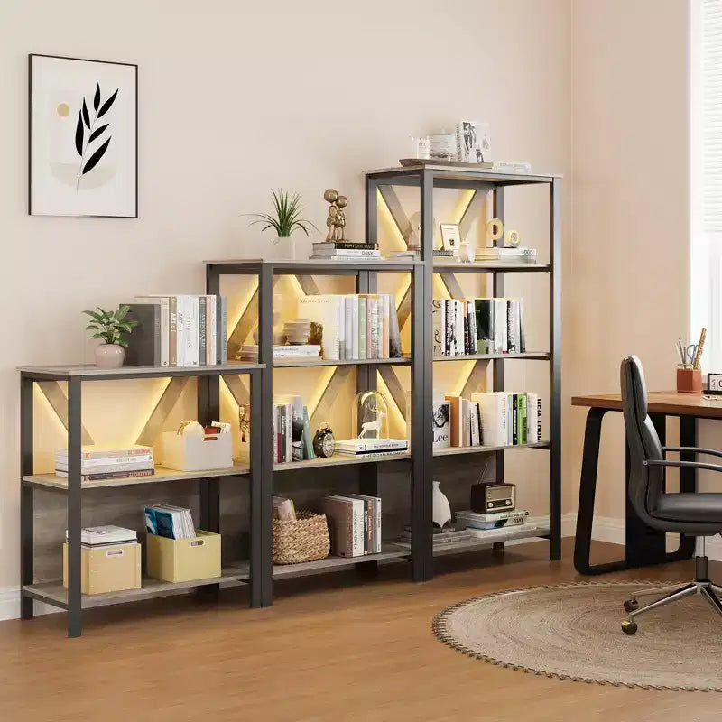 3/4/5 Tier Book Shelf with LED Lights, Industrial Metal Display Book Case, Heavy Duty Open Book Shelf Storage Organizer, for Bedroom Office