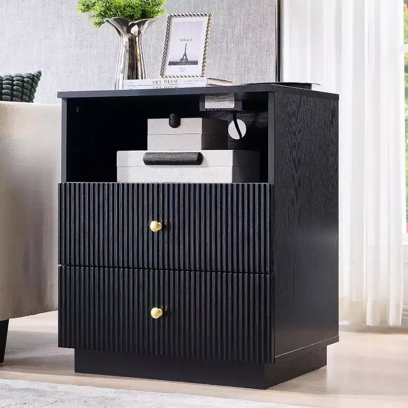 SinCiDo Nightstand w/Charging Station, 21.65 Modern Fluted Bedside Table w/2 Storage Drawers & Open Shelf, Wood End Table for Bedroom