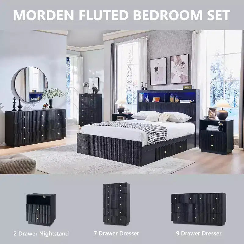 SinCiDo Nightstand w/Charging Station, 21.65 Modern Fluted Bedside Table w/2 Storage Drawers & Open Shelf, Wood End Table for Bedroom