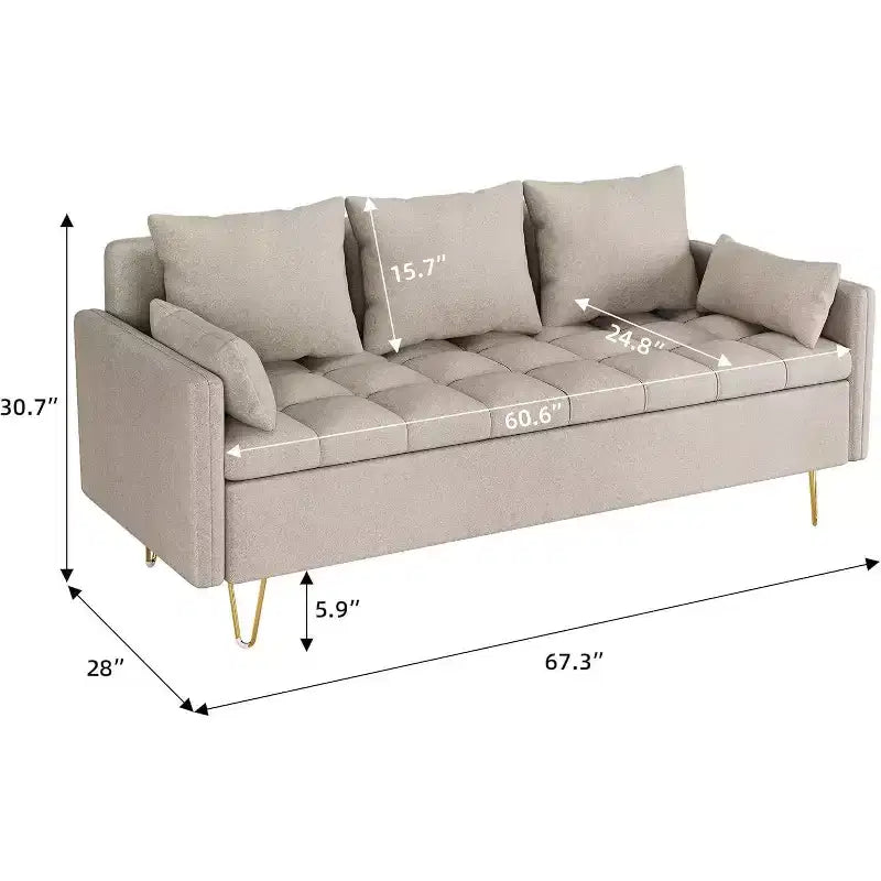 3-Seater Sofa with Lift-Up Storage Chaise, 5 Pillows, Modern Couch for Living Room or Bedroom, Hand-Stitched