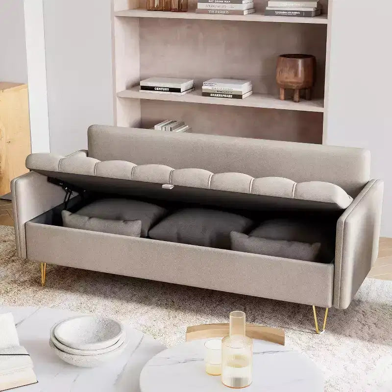 3-Seater Sofa with Lift-Up Storage Chaise, 5 Pillows, Modern Couch for Living Room or Bedroom, Hand-Stitched