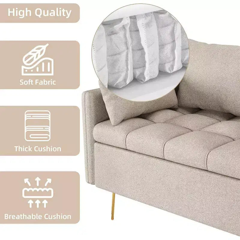 3-Seater Sofa with Lift-Up Storage Chaise, 5 Pillows, Modern Couch for Living Room or Bedroom, Hand-Stitched