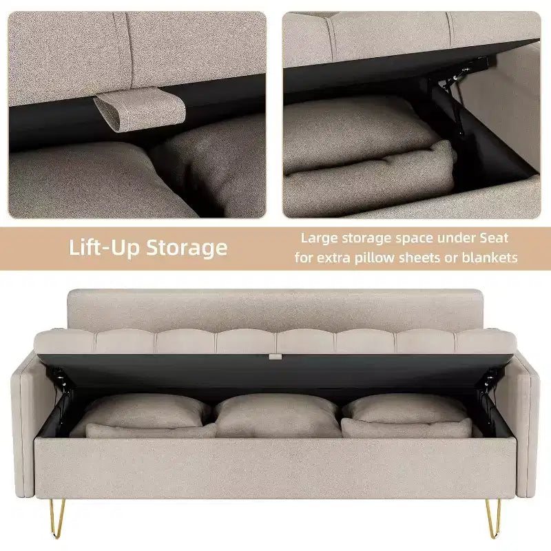 3-Seater Sofa with Lift-Up Storage Chaise, 5 Pillows, Modern Couch for Living Room or Bedroom, Hand-Stitched