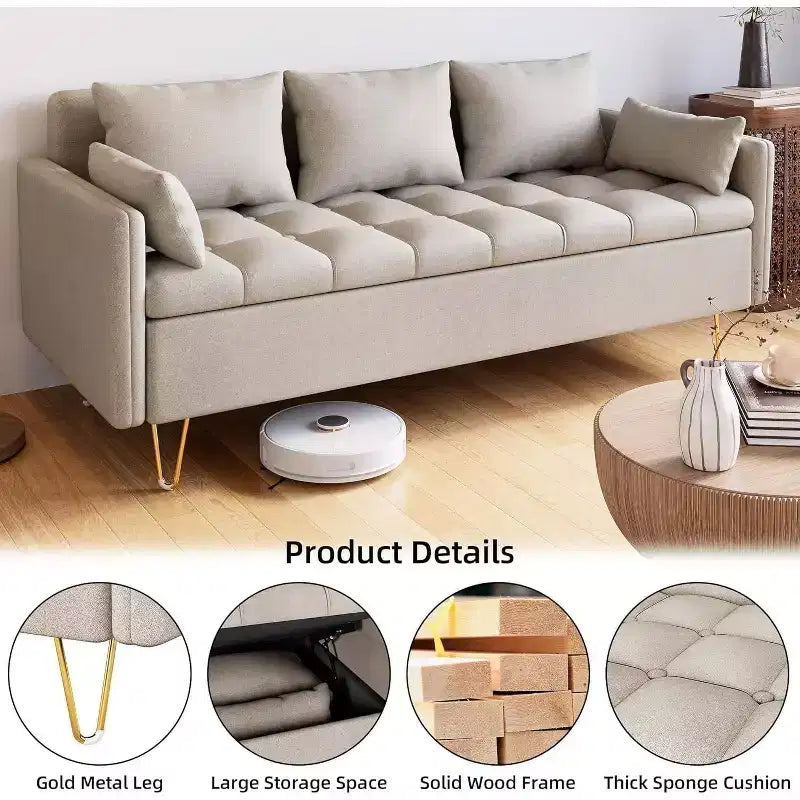 3-Seater Sofa with Lift-Up Storage Chaise, 5 Pillows, Modern Couch for Living Room or Bedroom, Hand-Stitched