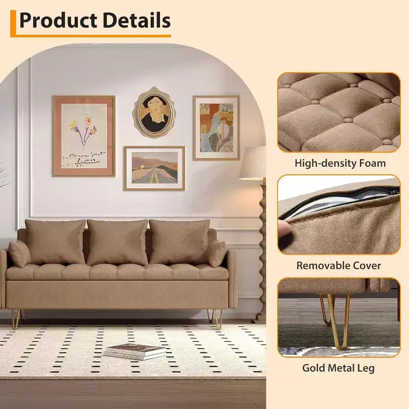 3-Seater Sofa with Lift-Up Storage Chaise, 5 Pillows, Modern Couch for Living Room or Bedroom, Hand-Stitched