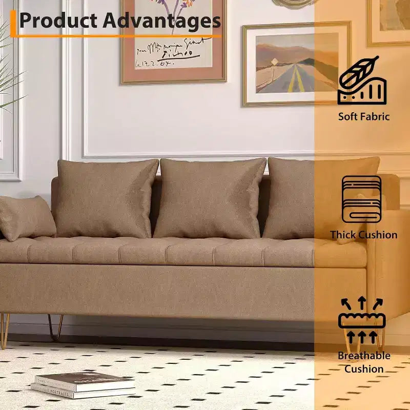 3-Seater Sofa with Lift-Up Storage Chaise, 5 Pillows, Modern Couch for Living Room or Bedroom, Hand-Stitched