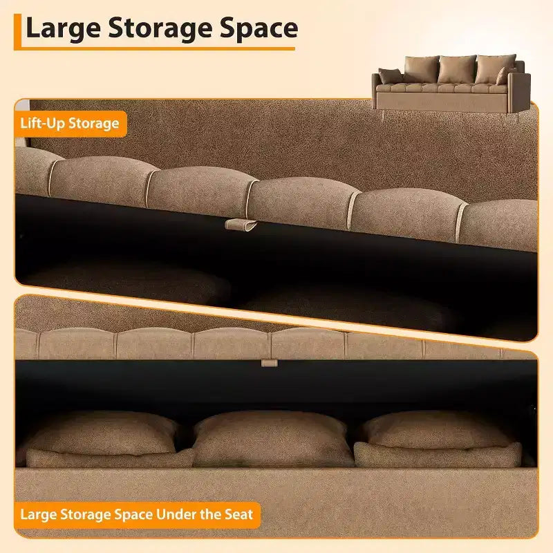 3-Seater Sofa with Lift-Up Storage Chaise, 5 Pillows, Modern Couch for Living Room or Bedroom, Hand-Stitched