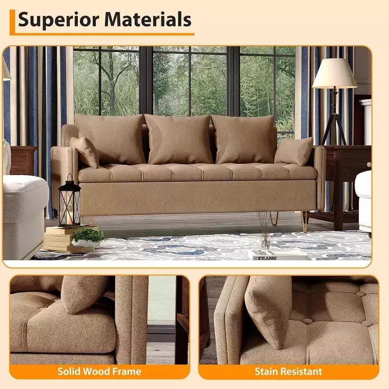 3-Seater Sofa with Lift-Up Storage Chaise, 5 Pillows, Modern Couch for Living Room or Bedroom, Hand-Stitched