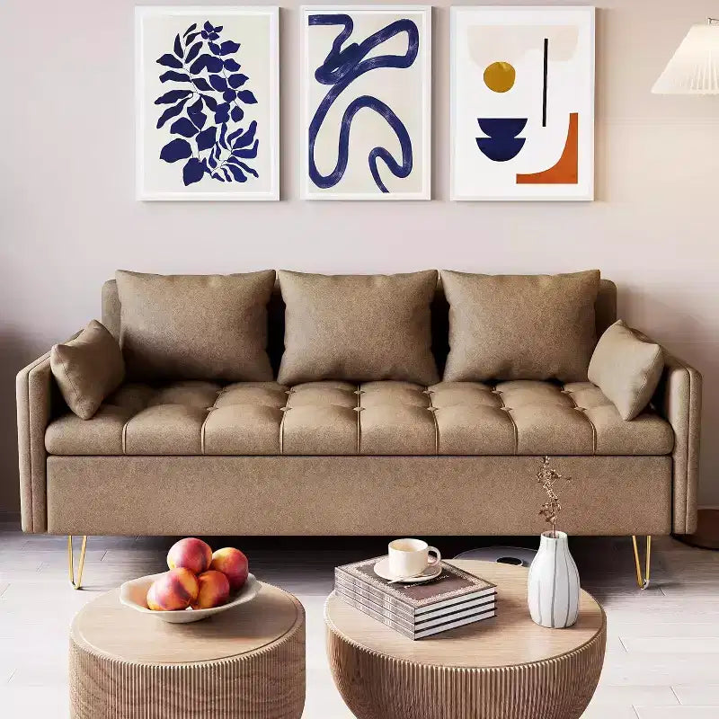 3-Seater Sofa with Lift-Up Storage Chaise, 5 Pillows, Modern Couch for Living Room or Bedroom, Hand-Stitched