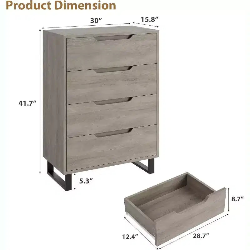 4 Dresser for Bedroom, 41.5 Tall Dresser, Freestanding Vertical Drawer Cabinet, Wooden Closet Storage Chest for Living Room, Hallway