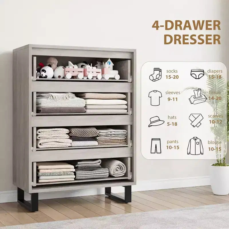 4 Dresser for Bedroom, 41.5 Tall Dresser, Freestanding Vertical Drawer Cabinet, Wooden Closet Storage Chest for Living Room, Hallway