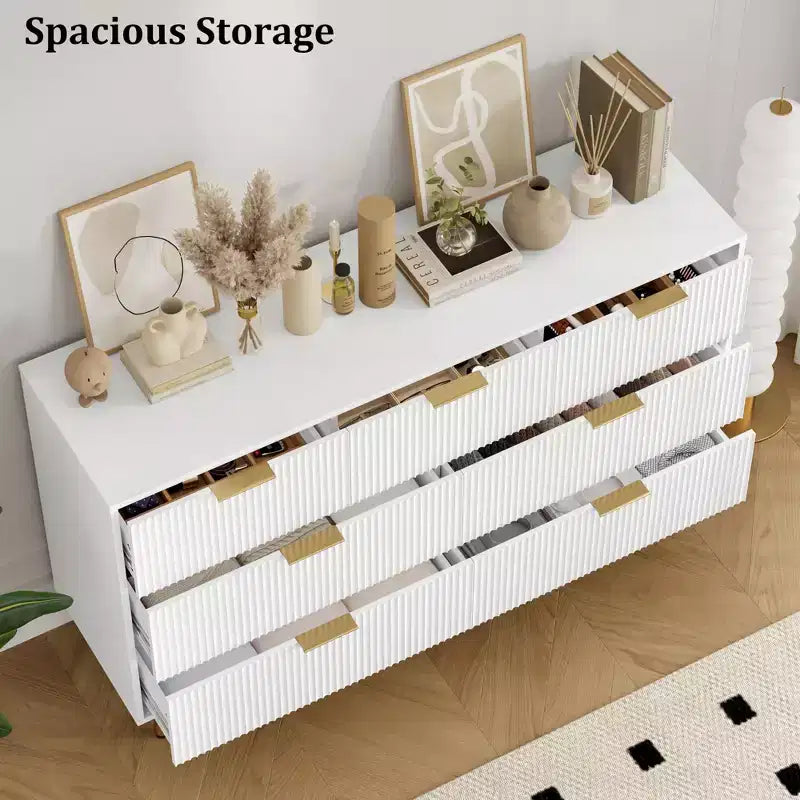 7 Drawers Dresser for Bedroom, Fluted Dresser Chest of Drawers with Gold Handle, Wood Modern Dressers for Closet, Bedroom Furniture Storage