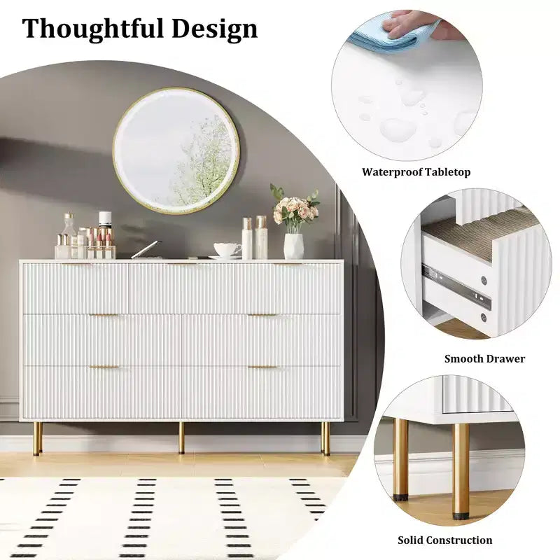 7 Drawers Dresser for Bedroom, Fluted Dresser Chest of Drawers with Gold Handle, Wood Modern Dressers for Closet, Bedroom Furniture Storage