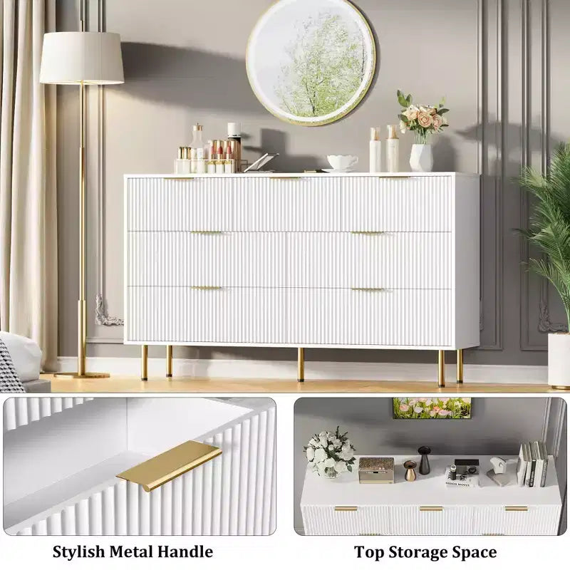 7 Drawers Dresser for Bedroom, Fluted Dresser Chest of Drawers with Gold Handle, Wood Modern Dressers for Closet, Bedroom Furniture Storage
