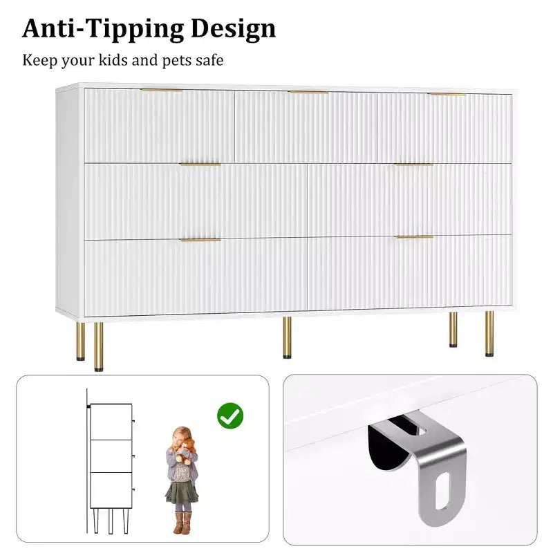 7 Drawers Dresser for Bedroom, Fluted Dresser Chest of Drawers with Gold Handle, Wood Modern Dressers for Closet, Bedroom Furniture Storage