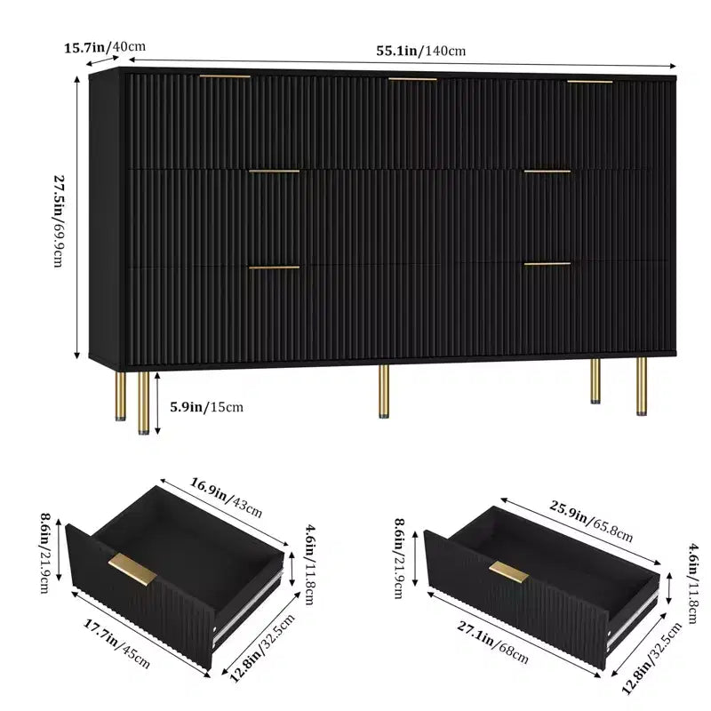 7 Drawers Dresser for Bedroom, Fluted Dresser Chest of Drawers with Gold Handle, Wood Modern Dressers for Closet, Bedroom Furniture Storage