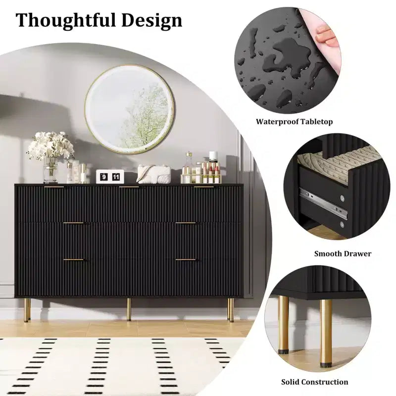 7 Drawers Dresser for Bedroom, Fluted Dresser Chest of Drawers with Gold Handle, Wood Modern Dressers for Closet, Bedroom Furniture Storage
