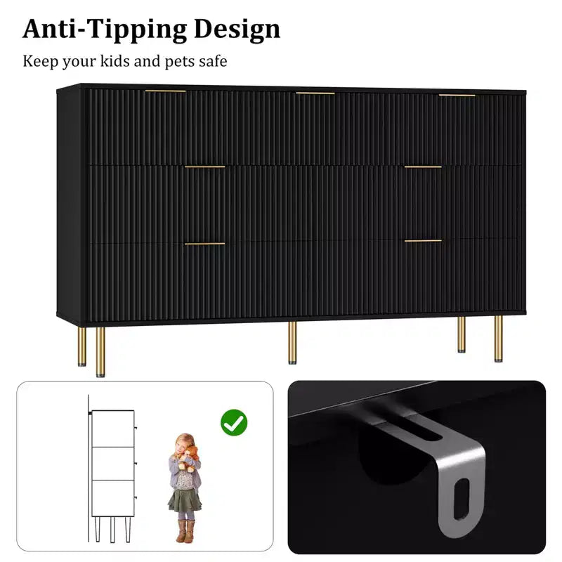7 Drawers Dresser for Bedroom, Fluted Dresser Chest of Drawers with Gold Handle, Wood Modern Dressers for Closet, Bedroom Furniture Storage
