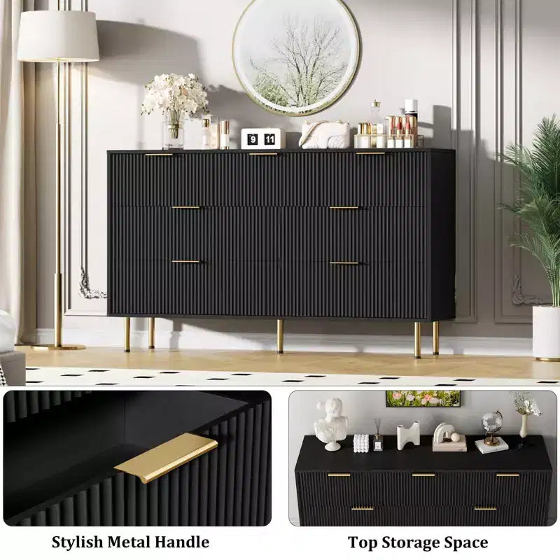 7 Drawers Dresser for Bedroom, Fluted Dresser Chest of Drawers with Gold Handle, Wood Modern Dressers for Closet, Bedroom Furniture Storage