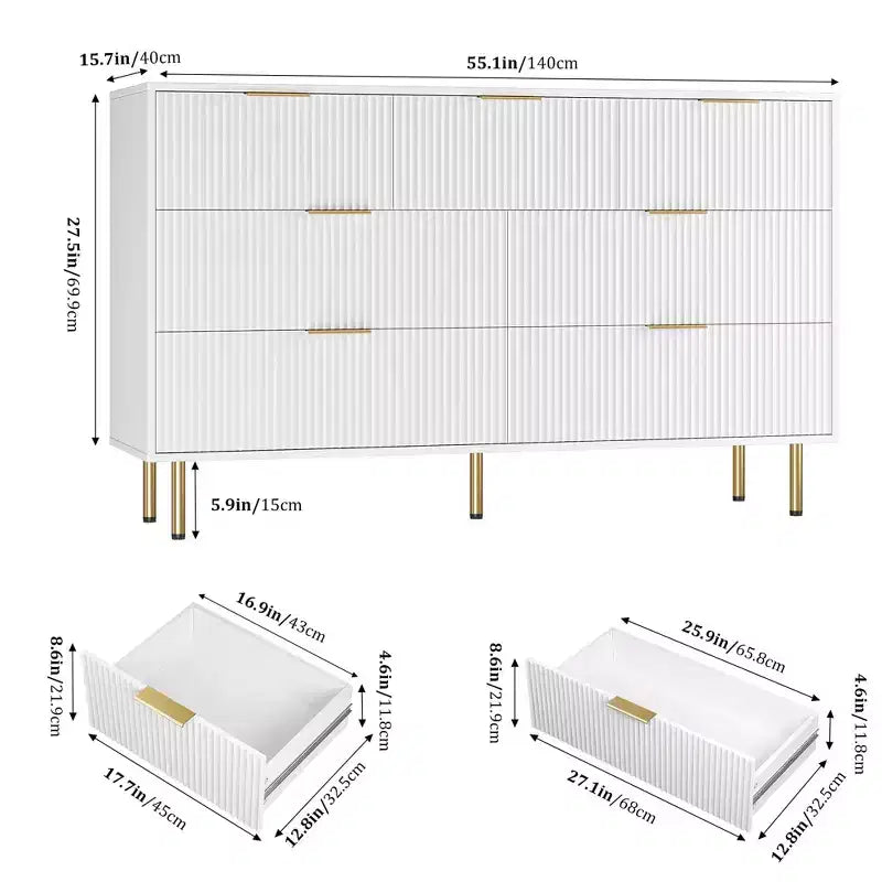 7 Drawers Dresser for Bedroom, Fluted Dresser Chest of Drawers with Gold Handle, Wood Modern Dressers for Closet, Bedroom Furniture Storage