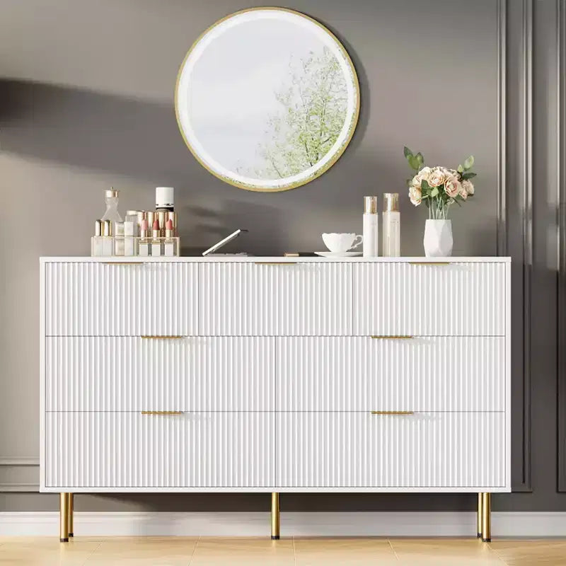 7 Drawers Dresser for Bedroom, Fluted Dresser Chest of Drawers with Gold Handle, Wood Modern Dressers for Closet, Bedroom Furniture Storage