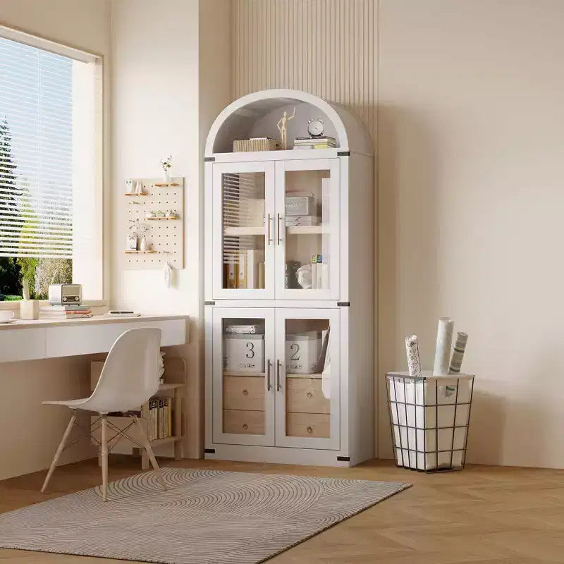 CuisinSmart 72in Tall Arched Bookcase, Glass Door Arched Cabinet with 2 Drawers, Freestanding Display Storage Cabinet for Living Room, Bedroom