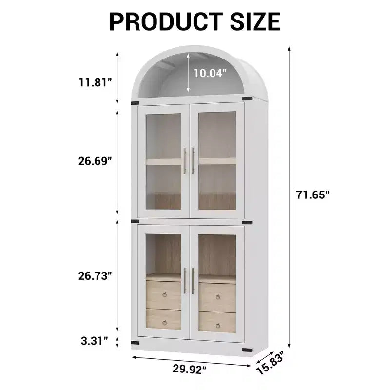 CuisinSmart 72in Tall Arched Bookcase, Glass Door Arched Cabinet with 2 Drawers, Freestanding Display Storage Cabinet for Living Room, Bedroom