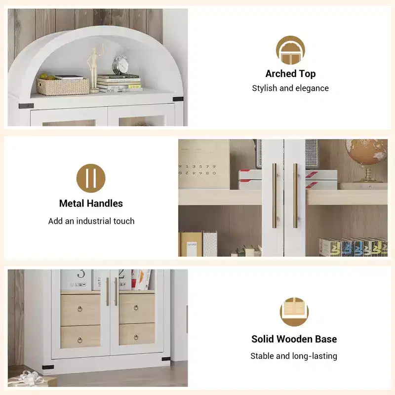 CuisinSmart 72in Tall Arched Bookcase, Glass Door Arched Cabinet with 2 Drawers, Freestanding Display Storage Cabinet for Living Room, Bedroom