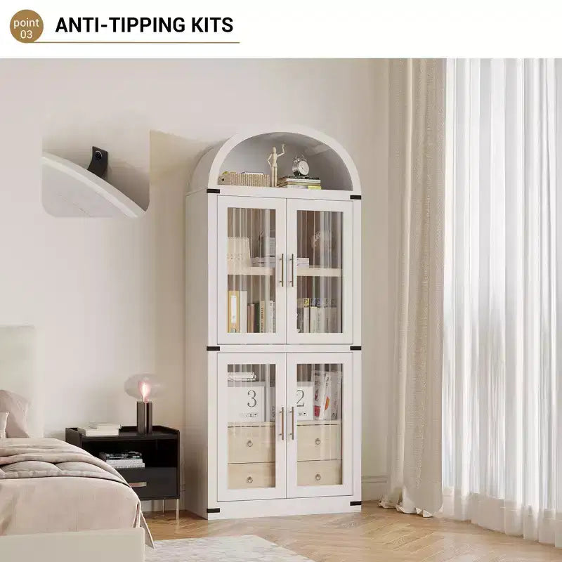 CuisinSmart 72in Tall Arched Bookcase, Glass Door Arched Cabinet with 2 Drawers, Freestanding Display Storage Cabinet for Living Room, Bedroom