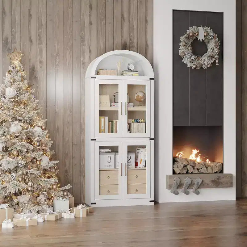 CuisinSmart 72in Tall Arched Bookcase, Glass Door Arched Cabinet with 2 Drawers, Freestanding Display Storage Cabinet for Living Room, Bedroom