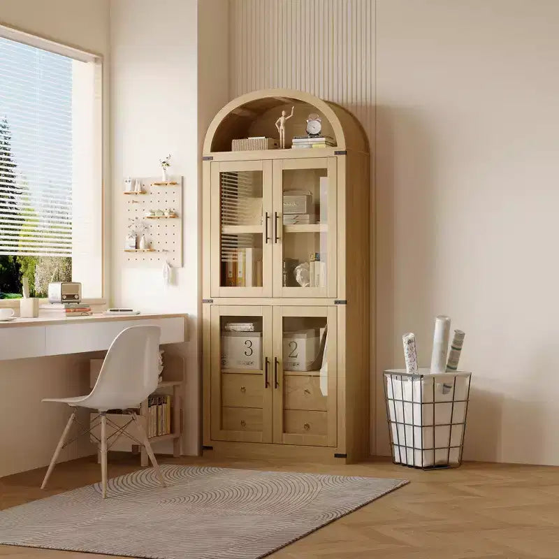 CuisinSmart 72in Tall Arched Bookcase, Glass Door Arched Cabinet with 2 Drawers, Freestanding Display Storage Cabinet for Living Room, Bedroom