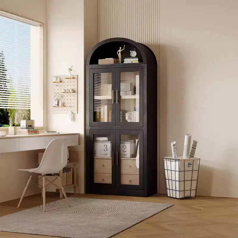 CuisinSmart 72in Tall Arched Bookcase, Glass Door Arched Cabinet with 2 Drawers, Freestanding Display Storage Cabinet for Living Room, Bedroom