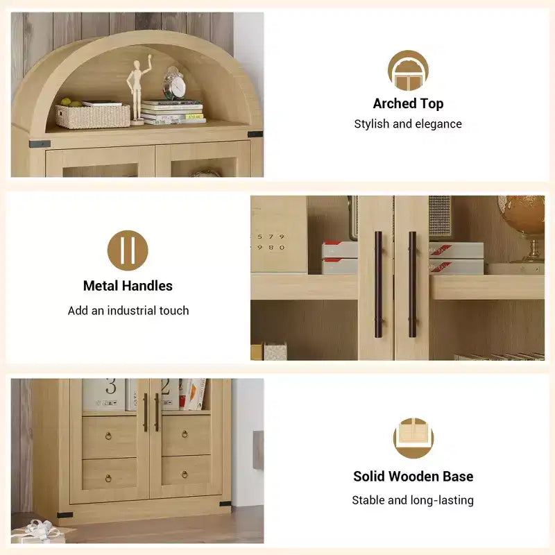 CuisinSmart 72in Tall Arched Bookcase, Glass Door Arched Cabinet with 2 Drawers, Freestanding Display Storage Cabinet for Living Room, Bedroom