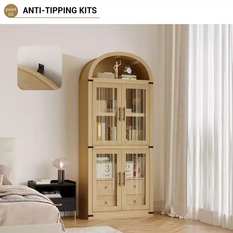 CuisinSmart 72in Tall Arched Bookcase, Glass Door Arched Cabinet with 2 Drawers, Freestanding Display Storage Cabinet for Living Room, Bedroom
