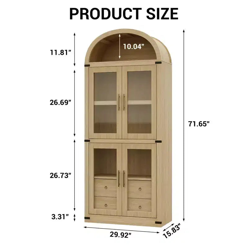 CuisinSmart 72in Tall Arched Bookcase, Glass Door Arched Cabinet with 2 Drawers, Freestanding Display Storage Cabinet for Living Room, Bedroom