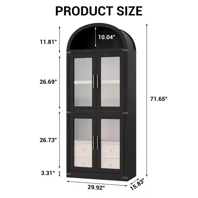 CuisinSmart 72in Tall Arched Bookcase, Glass Door Arched Cabinet with 2 Drawers, Freestanding Display Storage Cabinet for Living Room, Bedroom