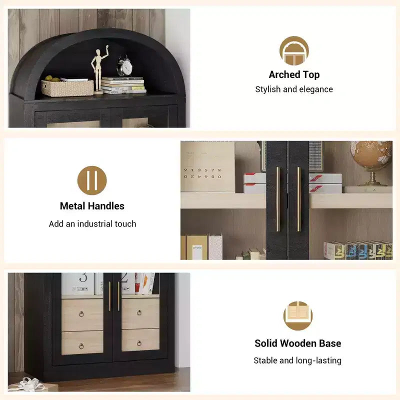 CuisinSmart 72in Tall Arched Bookcase, Glass Door Arched Cabinet with 2 Drawers, Freestanding Display Storage Cabinet for Living Room, Bedroom