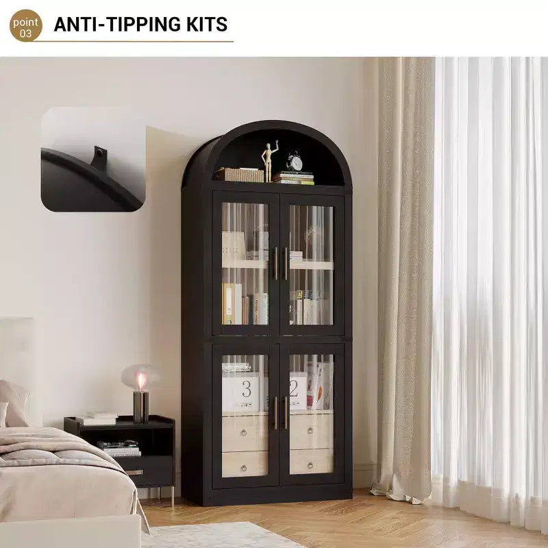 CuisinSmart 72in Tall Arched Bookcase, Glass Door Arched Cabinet with 2 Drawers, Freestanding Display Storage Cabinet for Living Room, Bedroom