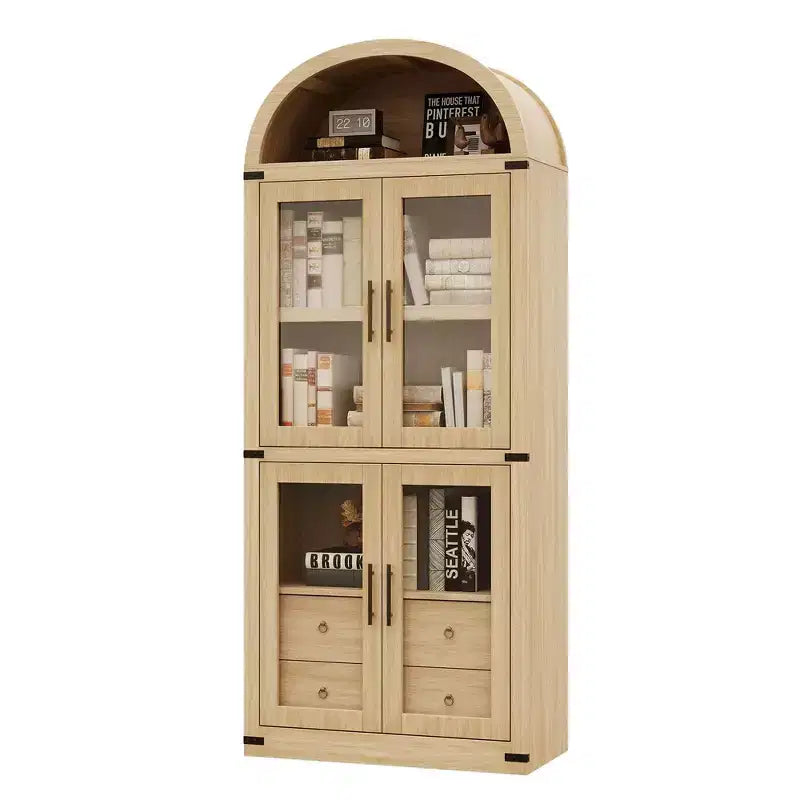 CuisinSmart 72in Tall Arched Bookcase, Glass Door Arched Cabinet with 2 Drawers, Freestanding Display Storage Cabinet for Living Room, Bedroom