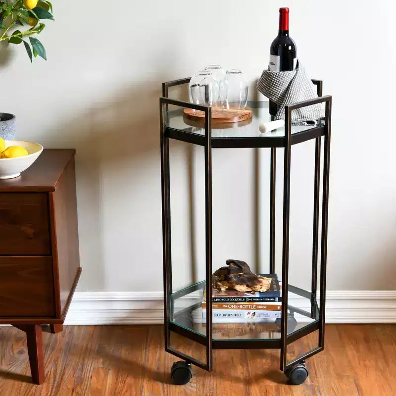 Desserte de bar en métal à 2 niveaux Storied Home Octagon, Noir