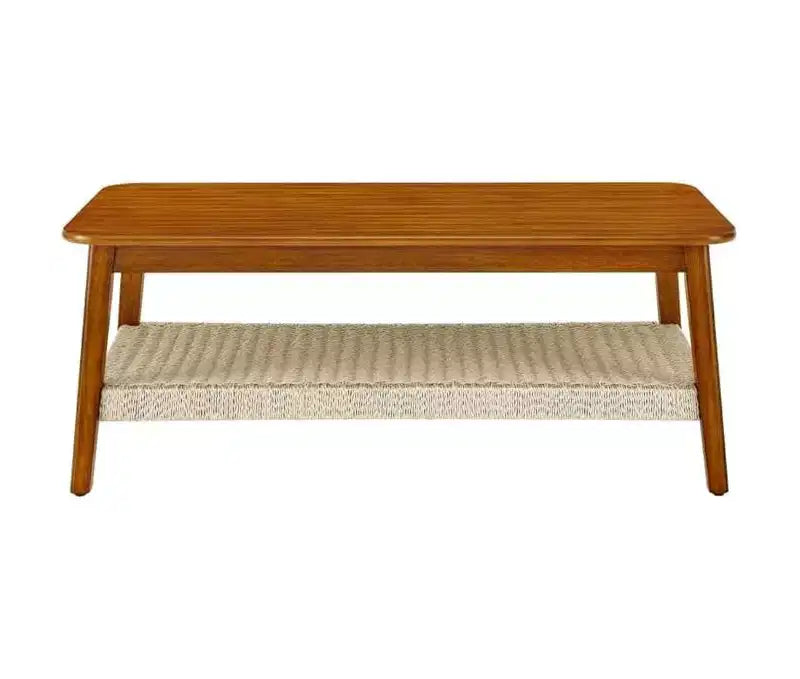 CuisinSmart Rattan Coffee Table with Storage, Mid-Century Coffee Table with Woven Shelf, Farmhouse Wood Low Rectangle Tea Table