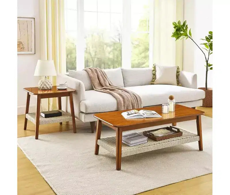 CuisinSmart Rattan Coffee Table with Storage, Mid-Century Coffee Table with Woven Shelf, Farmhouse Wood Low Rectangle Tea Table