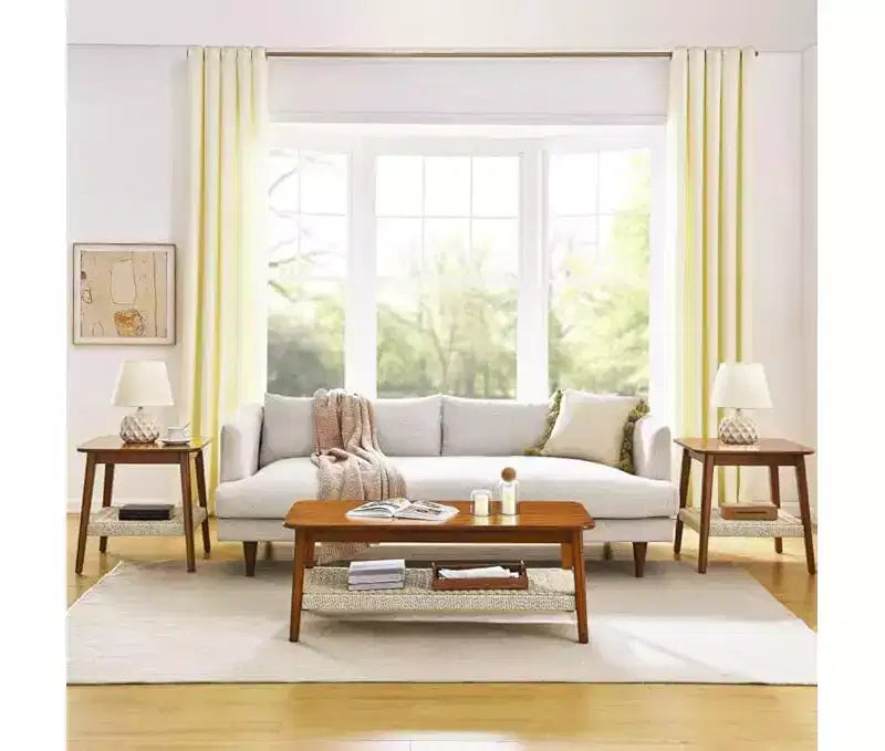CuisinSmart Rattan Coffee Table with Storage, Mid-Century Coffee Table with Woven Shelf, Farmhouse Wood Low Rectangle Tea Table
