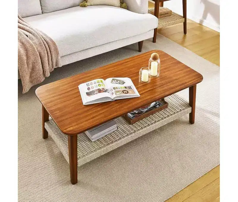 CuisinSmart Rattan Coffee Table with Storage, Mid-Century Coffee Table with Woven Shelf, Farmhouse Wood Low Rectangle Tea Table