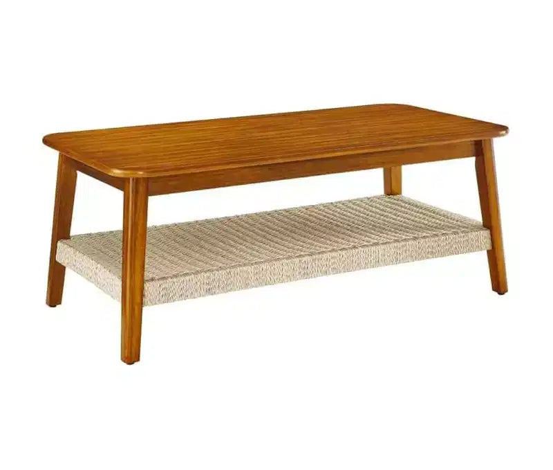CuisinSmart Rattan Coffee Table with Storage, Mid-Century Coffee Table with Woven Shelf, Farmhouse Wood Low Rectangle Tea Table