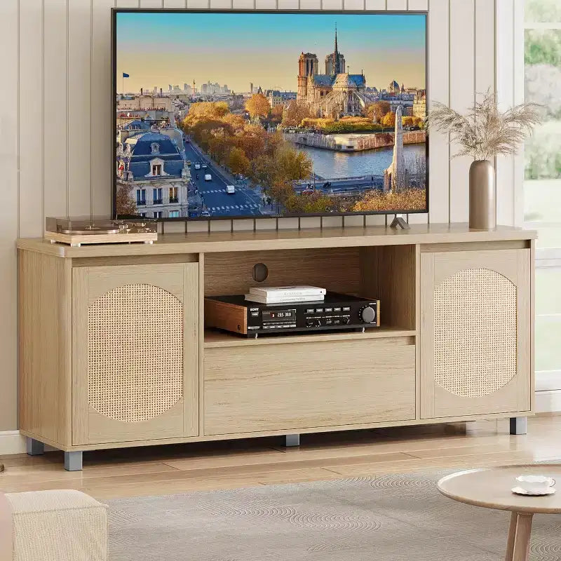 63in TV Stand for TVs Up to 70, Rattan Entertainment Center with Storage Drawer and Open Shelves, Modern TV Console Media Cabinet for Living Room