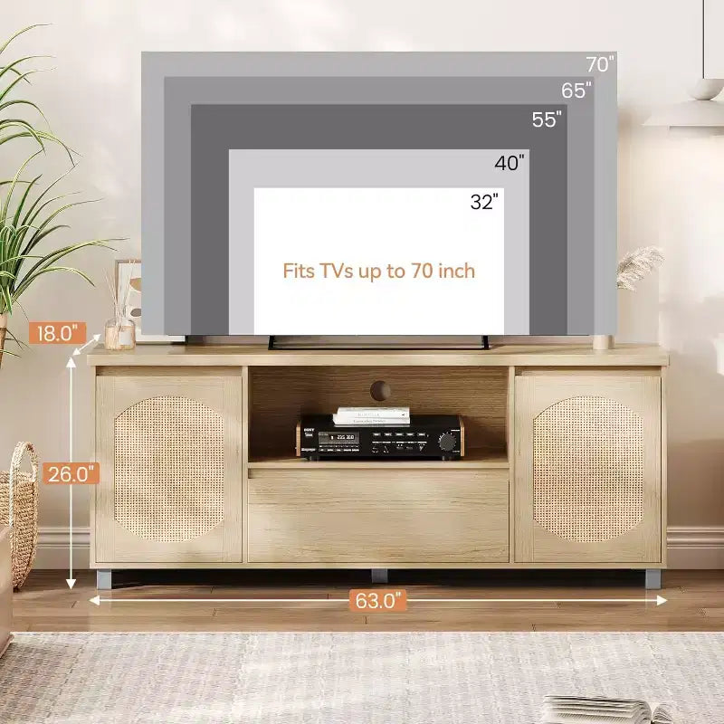 Meuble TV de 160 cm pour téléviseurs jusqu'à 70 pouces, meuble de divertissement en rotin avec tiroir de rangement et étagères ouvertes, console multimédia TV moderne pour salon