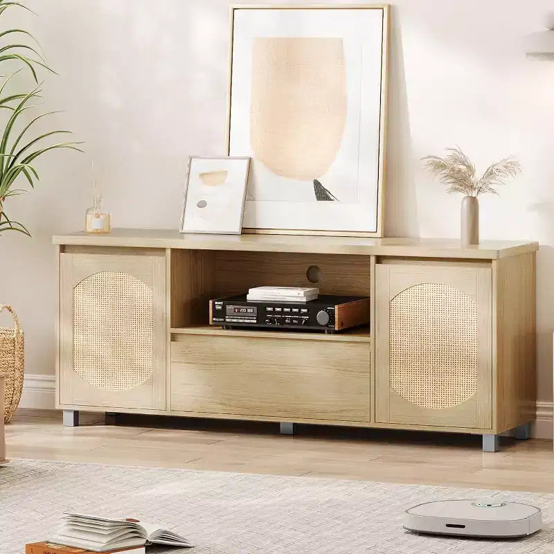 Meuble TV de 160 cm pour téléviseurs jusqu'à 70 pouces, meuble de divertissement en rotin avec tiroir de rangement et étagères ouvertes, console multimédia TV moderne pour salon
